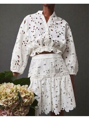 Chicwish White Eyelet Lace Tiered Mini Skirt and Blouse Set/2 Pieces - NWT Large